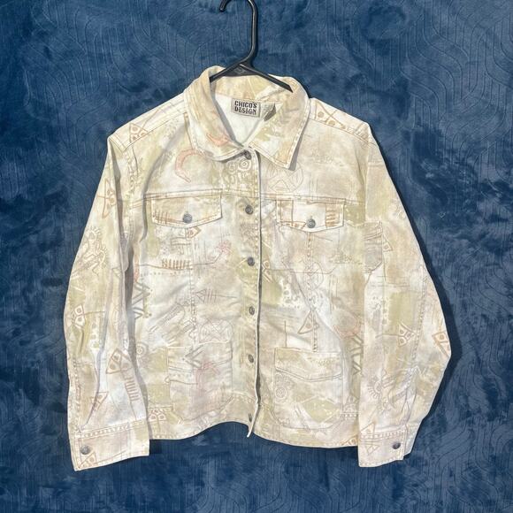 Chico's Jackets & Blazers - Vintage Chico's 90's Design Tribal Printed Beige Denim Jacket Womans Size 2